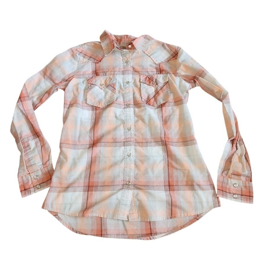 Wrangler Womens Plaid Western Snap Shirt Peach Orange LWE350M Small 653